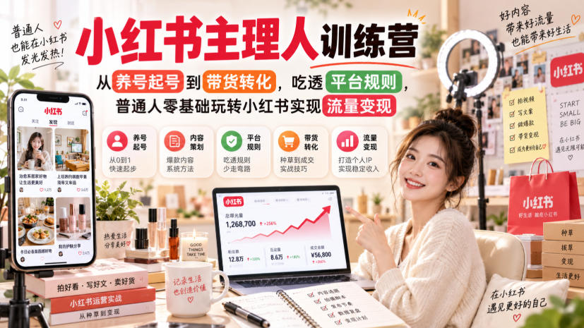 小红书主理人训练营，从养号起号到带货转化，吃透平台规则，普通人零基础玩转小红书实现流量变现-宇文网创