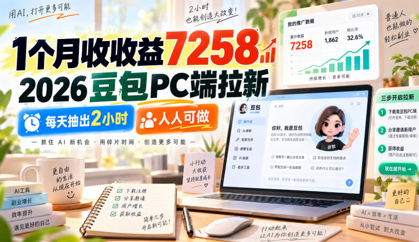 1个月收收益7258，2026豆包PC端拉新，每天抽出2小时，人人可做-宇文网创