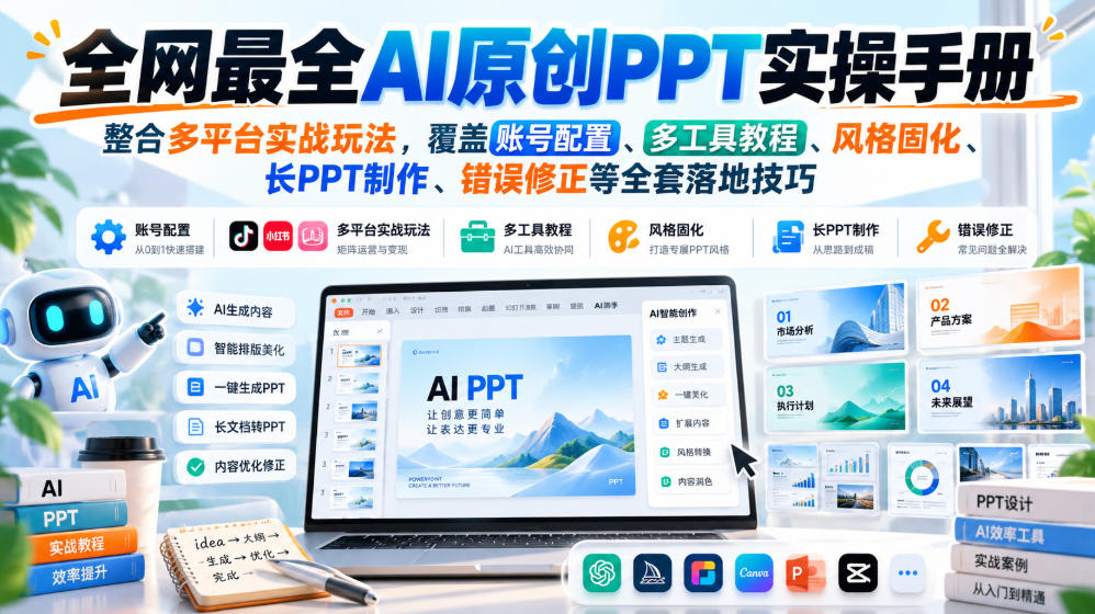 全网最全AI原创PPT实操手册，整合多平台实战玩法，覆盖账号配置、多工具教程、风格固化、长PPT制作、错误修正等全套落地技巧-宇文网创