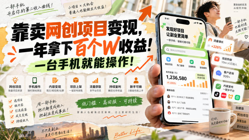 靠卖网创项目变现,一年拿下百个W收益!一台手机就能操作!【揭秘】-宇文网创