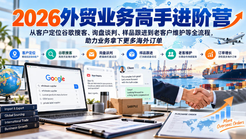 2026外贸业务高手进阶营,从客户定位谷歌搜客、询盘谈判、样品跟进到老客户维护等全流程,助力业务拿下更多海外订单-宇文网创