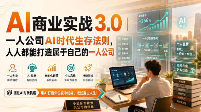 AI商业实战3.0|一人公司AI时代生存法则,人人都能打造属于自己的一人公司-宇文网创