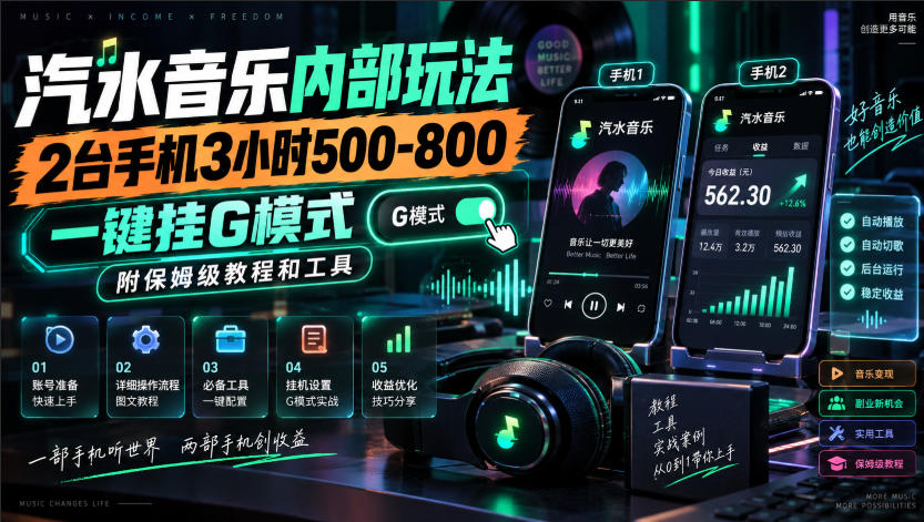 汽水音乐内部玩法，2台手机3小时500-800，一键挂G模式，附保姆级教程和工具【揭秘】-宇文网创