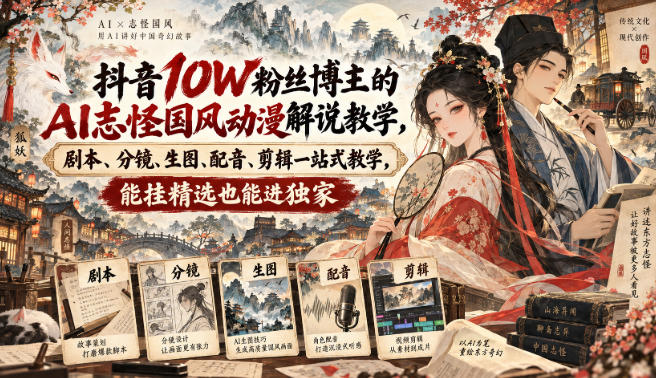 抖音10W粉丝博主的AI志怪国风动漫解说教学，剧本、分镜、生图、配音、剪辑一站式教学，能挂精选也能进独家​-宇文网创