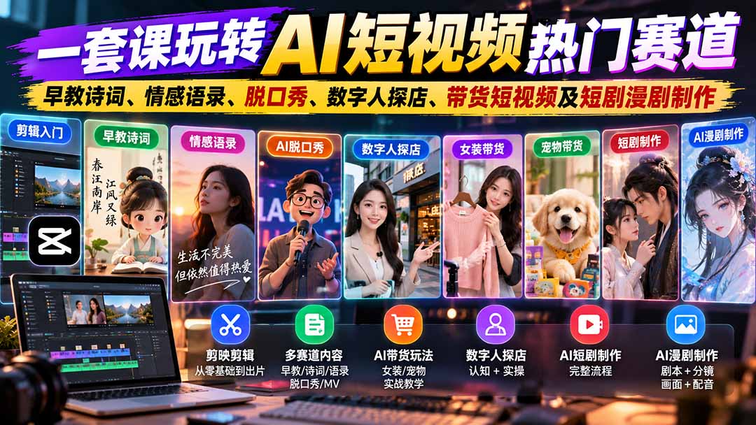 （20964期）一套课玩转AI短视频热门赛道：早教诗词、情感语录、脱口秀、数字人探店、带货短视频及短剧漫剧制作  复制标题-宇文网创