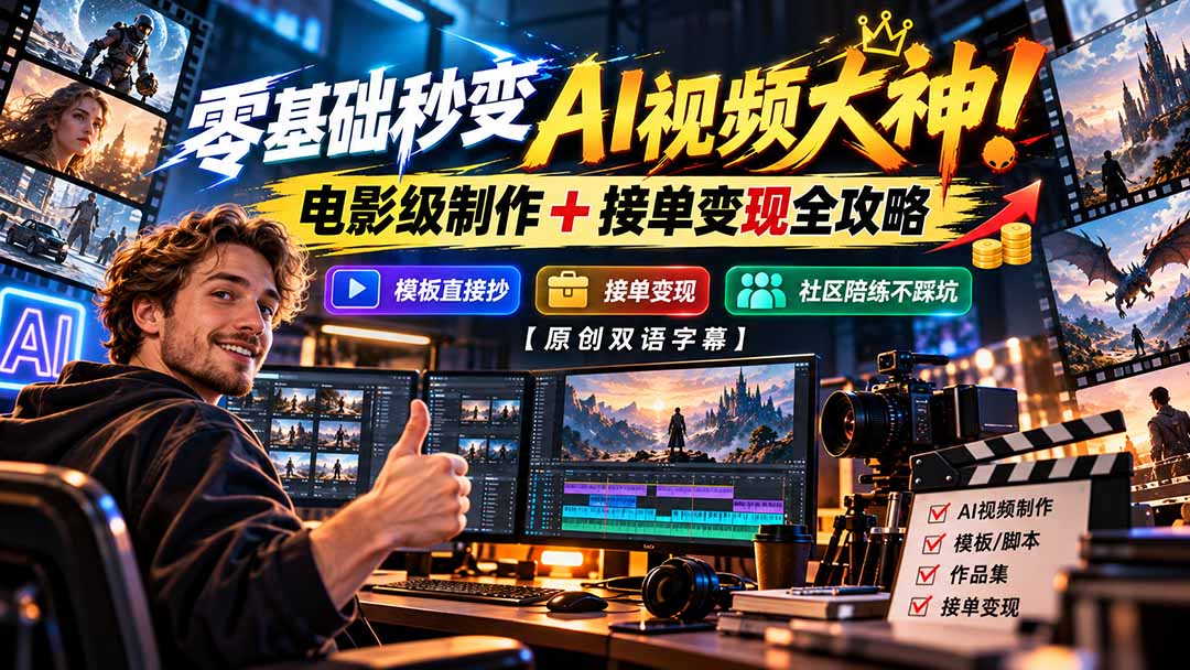 (20897期)零基础秒变AI视频大神!电影级制作 + 接单变现全攻略,模板直接抄,社区陪练不踩坑【原创双语字幕】-宇文网创