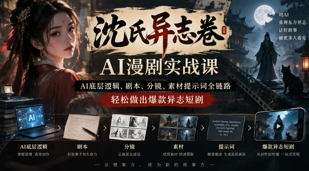 沈氏异志卷AI漫剧实战课|AI底层逻辑、剧本、分镜、素材提示词全链路,轻松做出爆款异志短剧-宇文网创