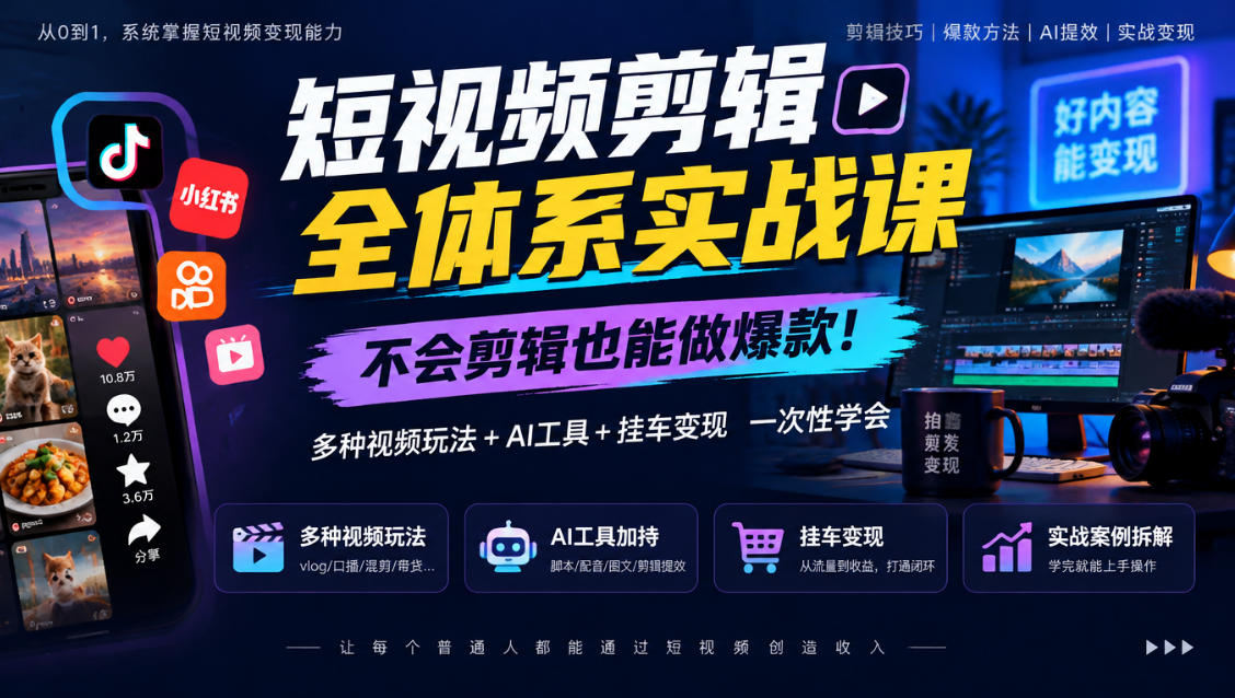 短视频剪辑全体系实战课,不会剪辑也能做爆款,多种视频玩法+AI工具+挂车变现一次性学-宇文网创