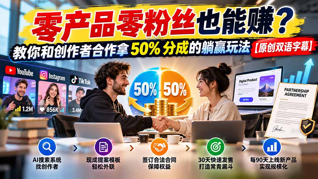 (20957期)零产品零粉丝也能赚?教你和创作者合作拿 50% 分成的躺赢玩法【原创双语字幕】-宇文网创