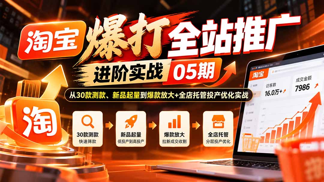 （20817期）淘宝爆打全站推广进阶实战05期：从30款测款、新品起量到爆款放大+全店托管投产优化实战-宇文网创