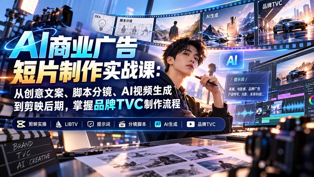 (20863期)AI商业广告短片制作实战课:从创意文案、脚本分镜、AI视频生成到剪映后期,掌握品牌TVC制作流程-宇文网创