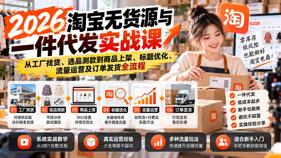 (20903期)2026淘宝无货源与一件代发实战课:从工厂找货、选品测款到商品上架、标题优化、流量运营及订单发货全流程-宇文网创