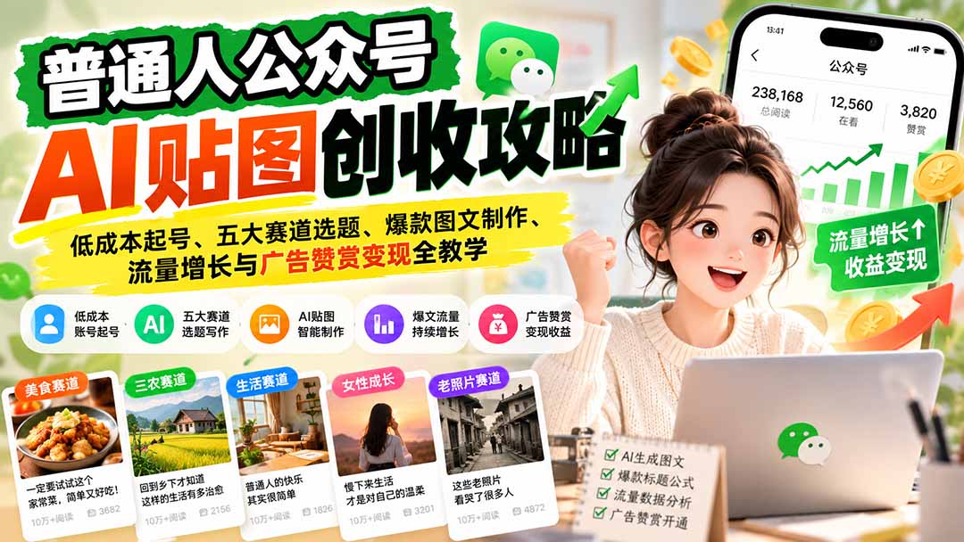 （20972期）普通人公众号AI贴图创收攻略：低成本起号、五大赛道选题、爆款图文制作、流量增长与广告赞赏变现全教学-宇文网创