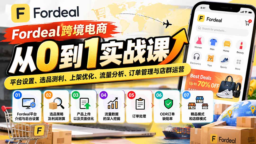 (20914期)Fordeal跨境电商从0到1实战课:平台设置、选品测利、上架优化、流量分析、订单管理与店群运营-宇文网创