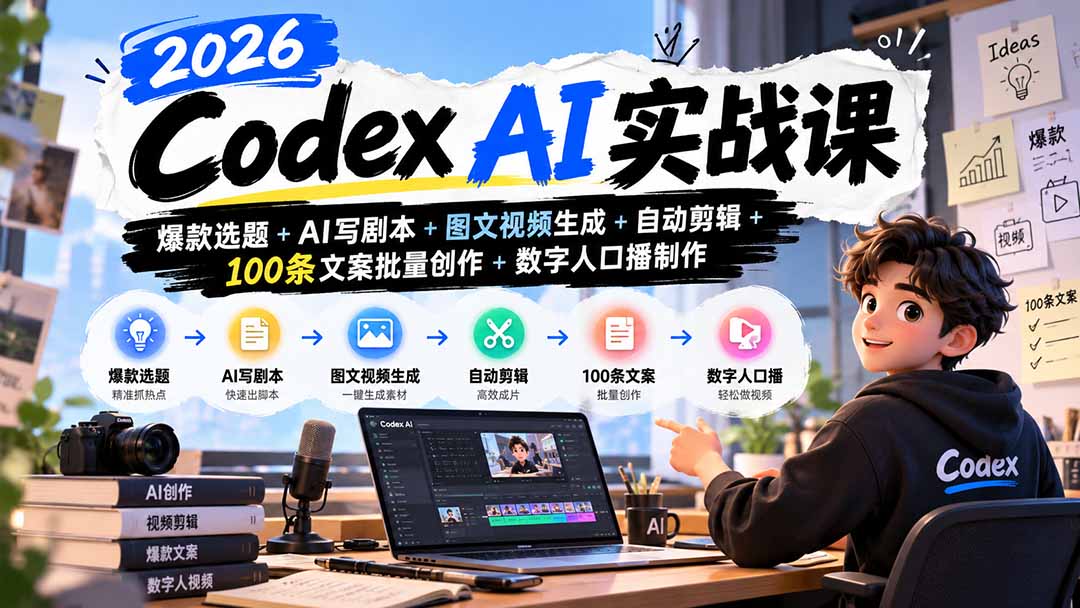 (20899期)2026Codex AI实战课:爆款选题+AI写剧本+图文视频生成+自动剪辑+100条文案批量创作+数字人口播制作-宇文网创
