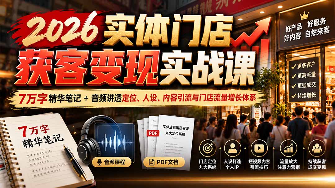 (20832期)2026实体门店获客变现实战课:7万字精华笔记+音频讲透定位、人设、内容引流与门店流量增长体系-宇文网创