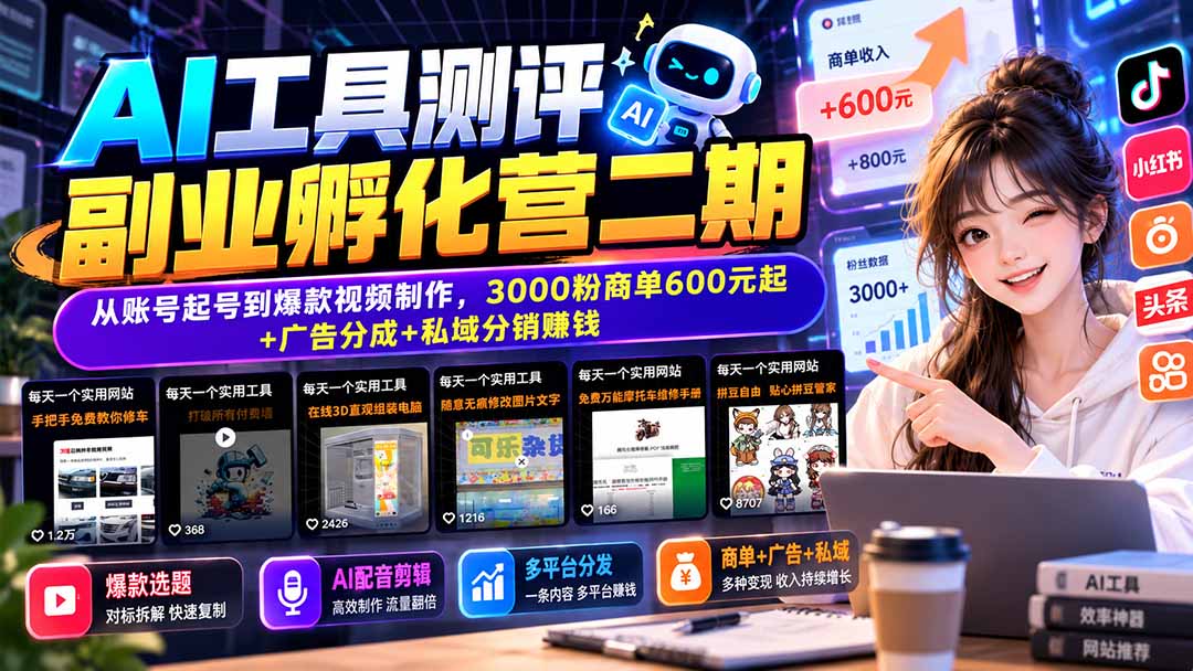 (20799期)AI工具测评副业孵化营二期:从账号起号到爆款视频制作,3000粉商单600元起+广告分成+私域分销赚钱-宇文网创