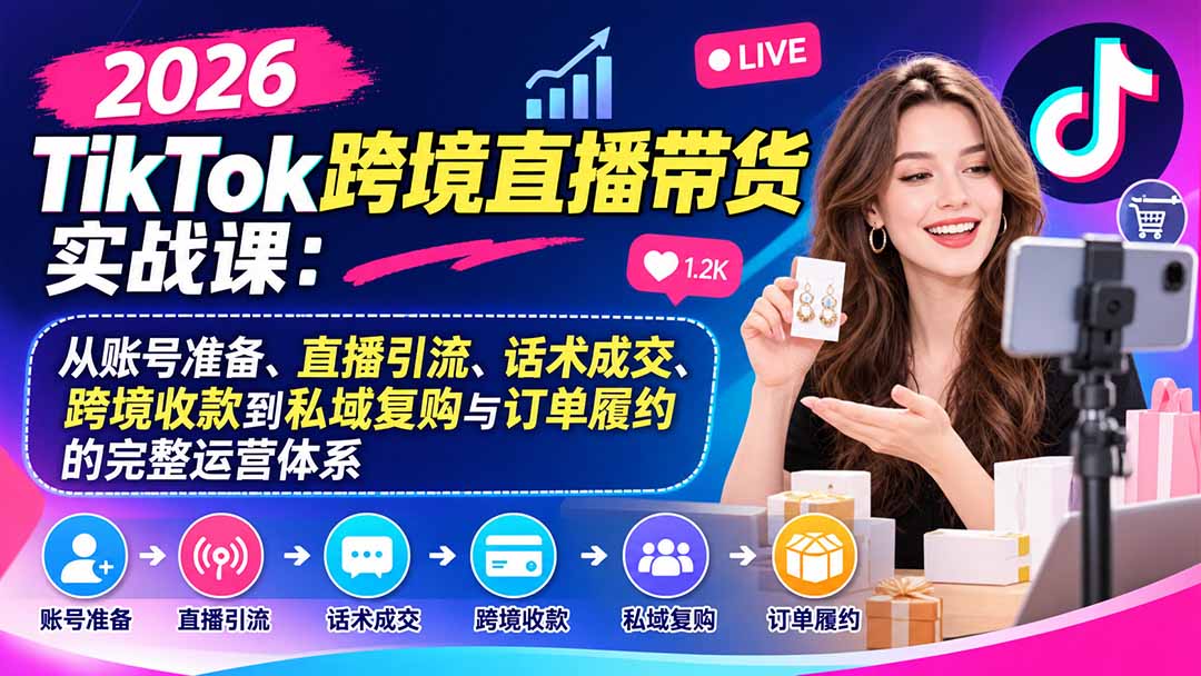 (20898期)2026TikTok跨境直播带货实战课:从账号准备、直播引流、话术成交、跨境收款到私域复购与订单履约的完整运营体系-宇文网创