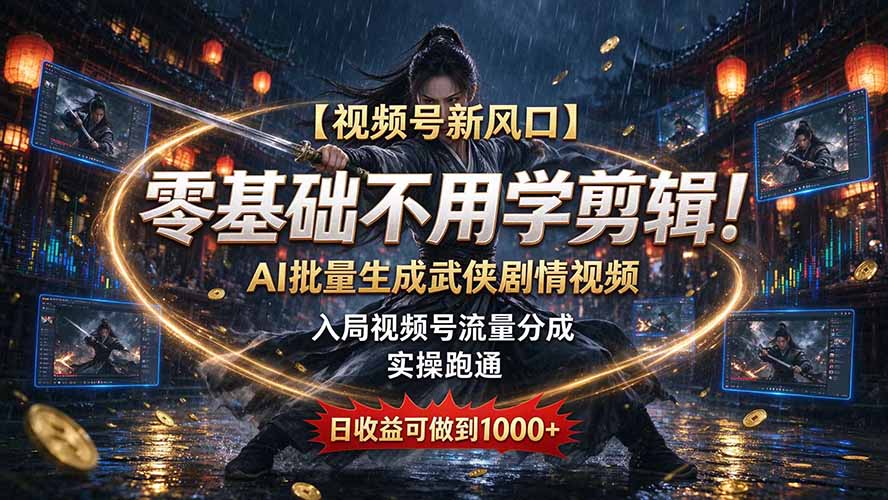 （20780期）【视频号新风口】零基础不用学剪辑！AI 批量生成武侠剧情视频，入局视频号流量分成，实操跑通，日收益可做到 1000+-宇文网创