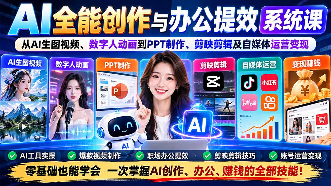 (20885期)AI全能创作与办公提效系统课:从AI生图视频、数字人动画到PPT制作、剪映剪辑及自媒体运营变现-宇文网创