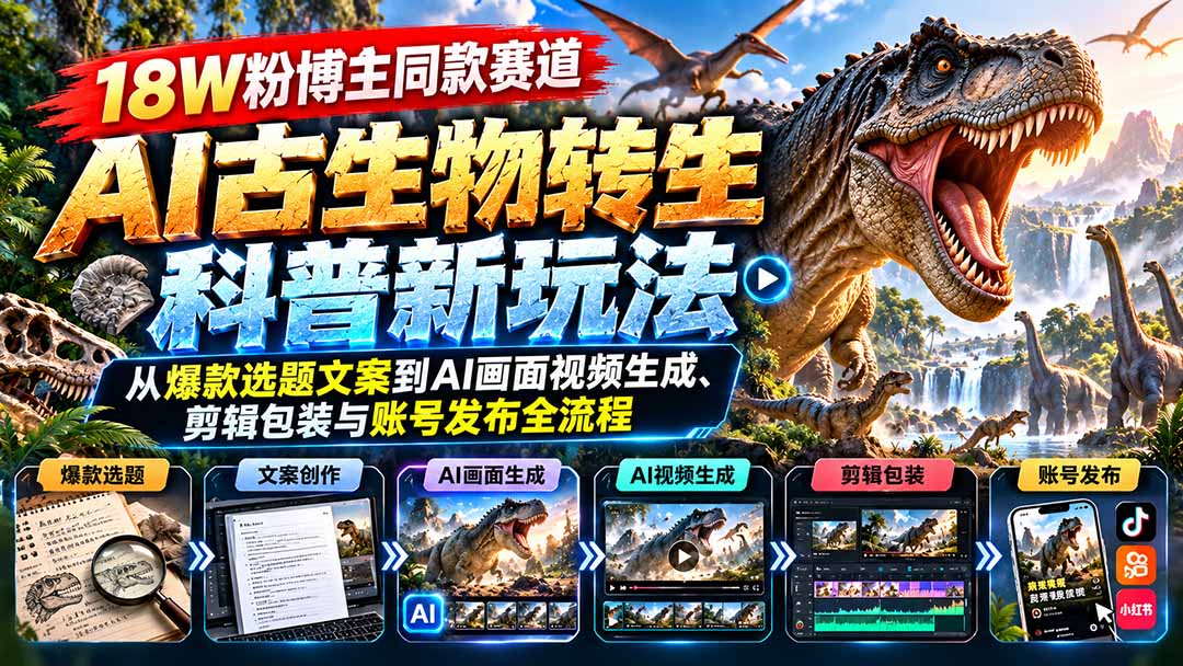 (20833期)18W粉博主同款赛道-AI古生物转生科普新玩法:从爆款选题文案到AI画面视频生成、剪辑包装与账号发布全流程-宇文网创