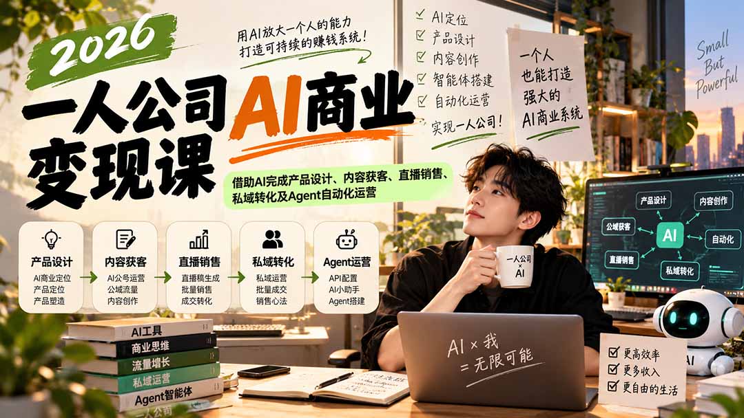 （20901期）2026一人公司AI商业变现课：借助AI完成产品设计、内容获客、直播销售、私域转化及Agent自动化运营-宇文网创