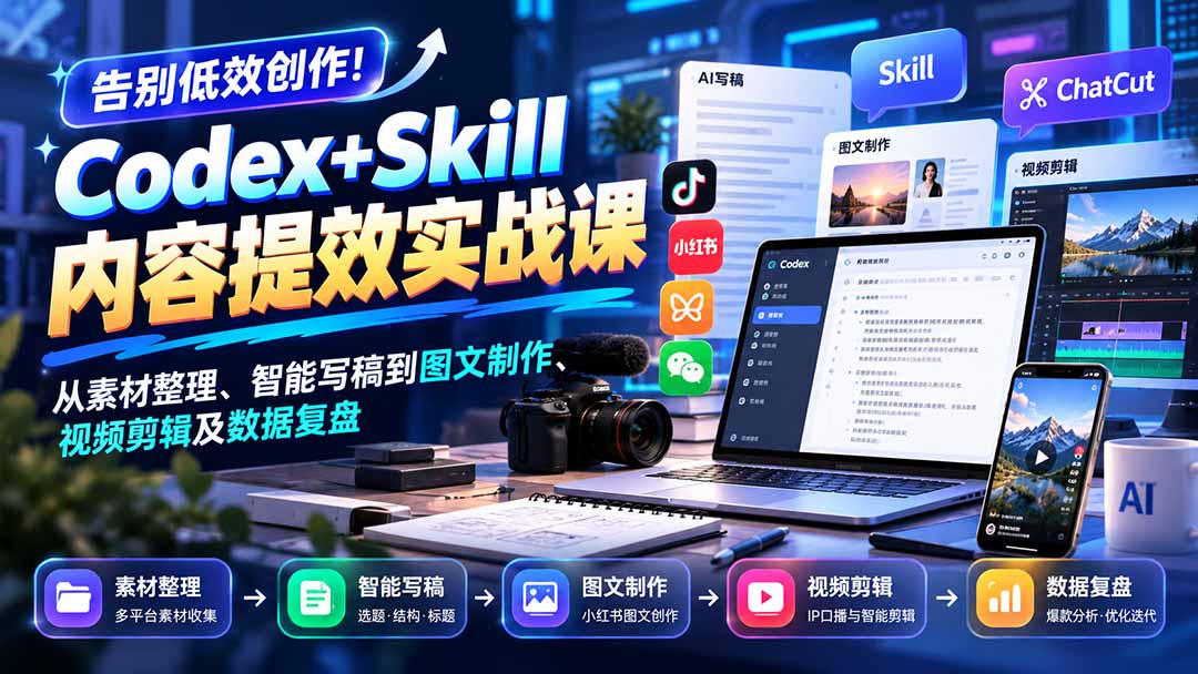 （20915期）【无水印】告别低效创作！Codex+Skill内容提效实战课：从素材整理、智能写稿到图文制作、视频剪辑及数据复盘-宇文网创