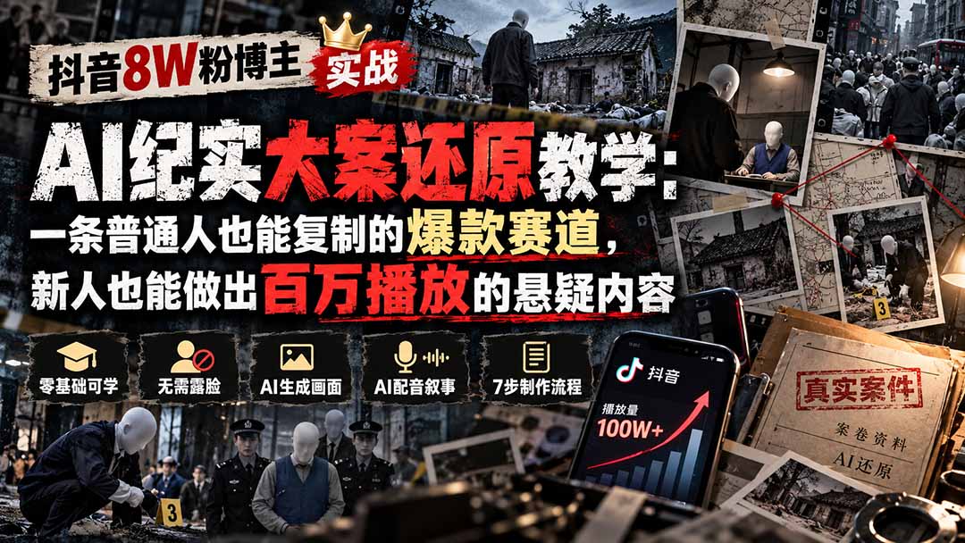 (20865期)抖音8W粉博主AI纪实大案还原教学:一条普通人也能复制的爆款赛道,新人也能做出百万播放的悬疑内容-宇文网创