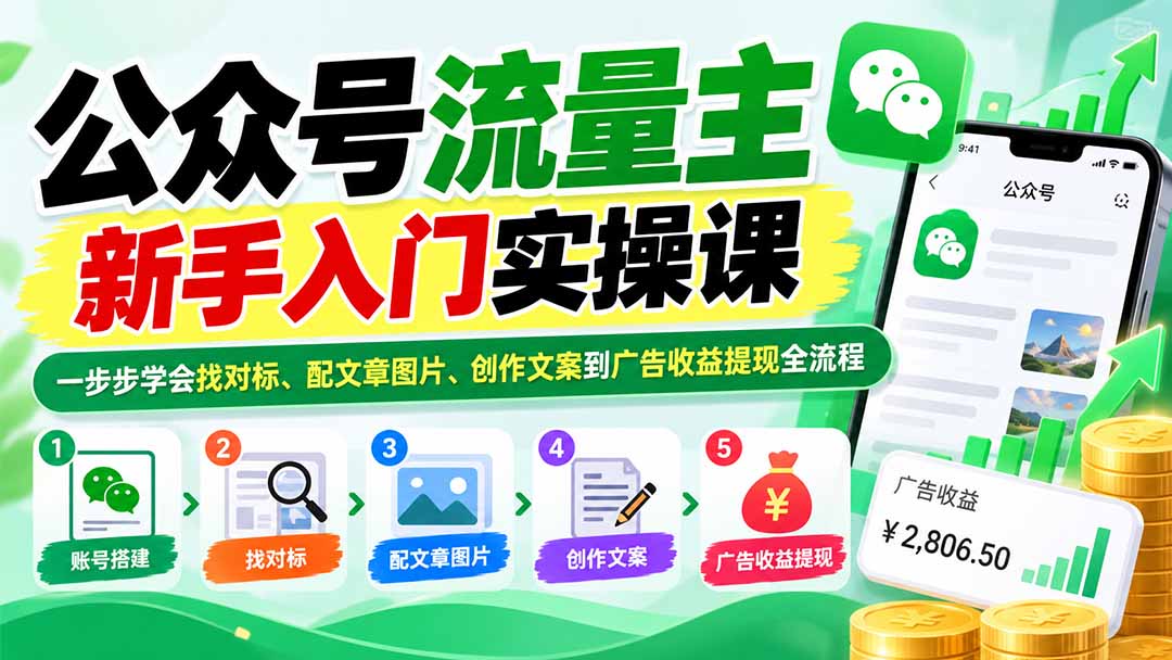 （20816期）公众号流量主新手入门实操课：一步步学会找对标、配文章图片、创作文案到广告收益提现全流程-宇文网创