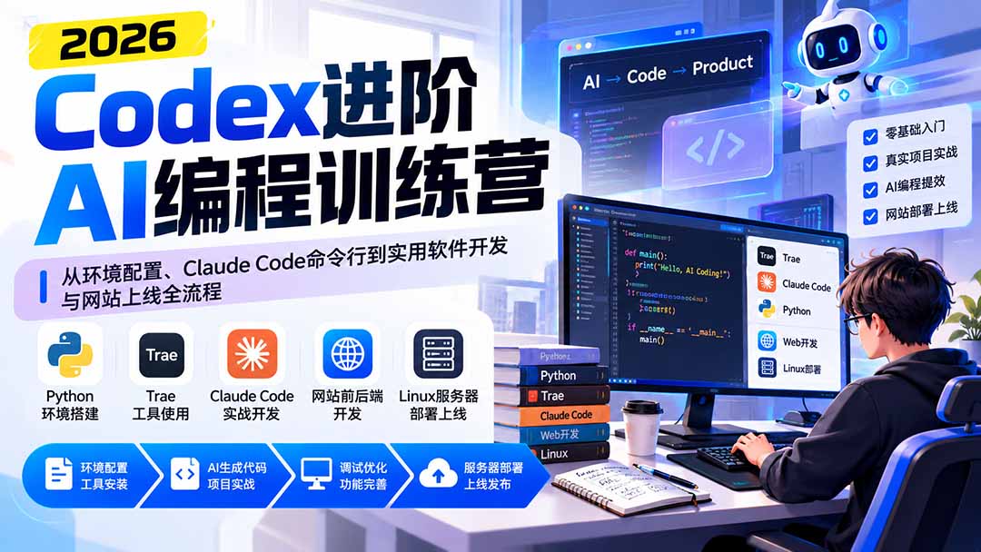 (20855期)Codex进阶AI编程训练营:从环境配置、Claude Code命令行到实用软件开发与网站上线全流程-宇文网创