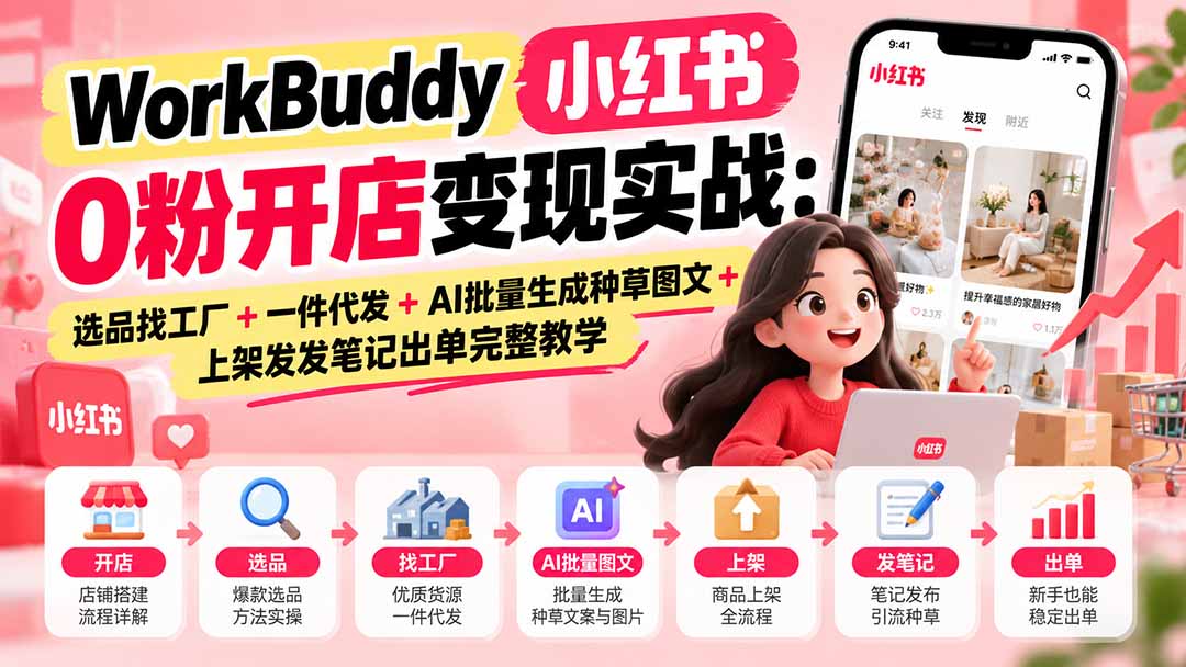 （20801期）WorkBuddy小红书0粉开店变现实战：选品找工厂+一件代发+AI批量生成种草图文+上架发发笔记出单完整教学-宇文网创