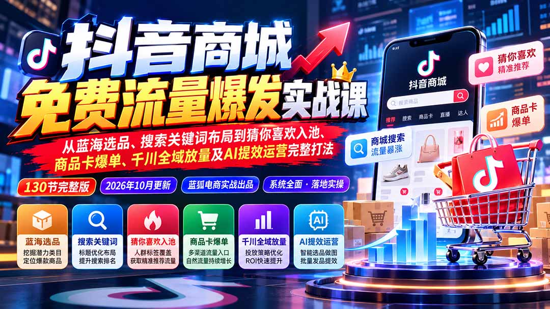 (20959期)抖音商城免费流量爆发实战:从蓝海选品、搜索关键词布局到猜你喜欢入池、商品卡爆单、千川全域放量及AI提效完整打法-宇文网创