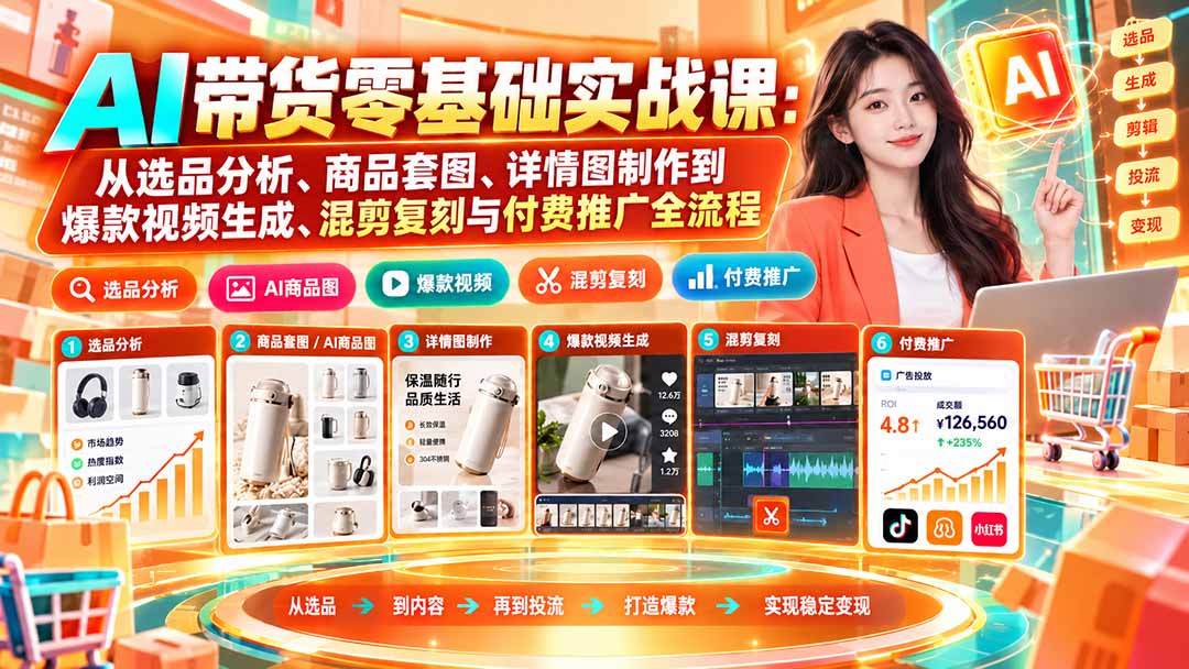 (20856期)AI带货零基础实战课:从选品分析、商品套图、详情图制作到爆款视频生成、混剪复刻与付费推广全流程-宇文网创