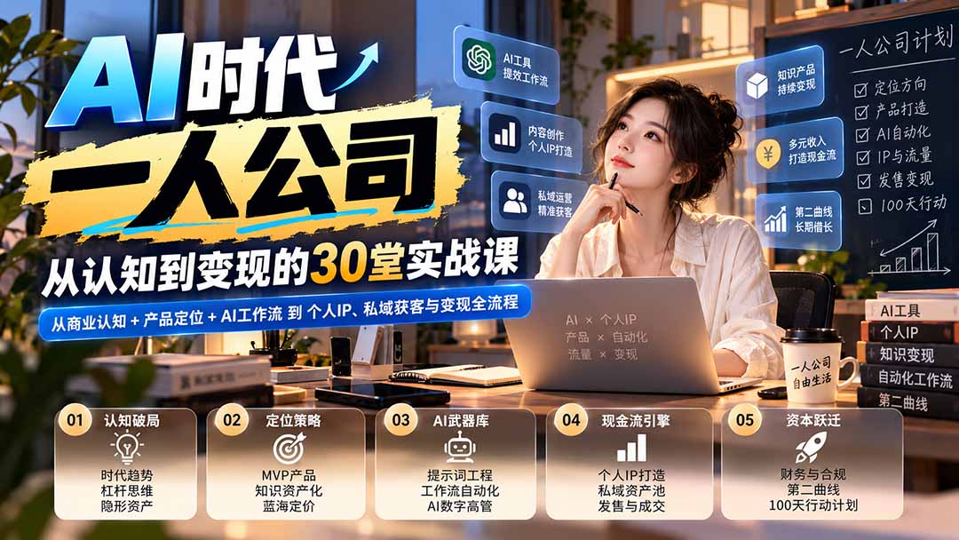 (20847期)【无水印】AI时代一人公司30堂实战课:从商业认知+产品定位+AI工作流到个人IP、私域获客与变现全流程-宇文网创