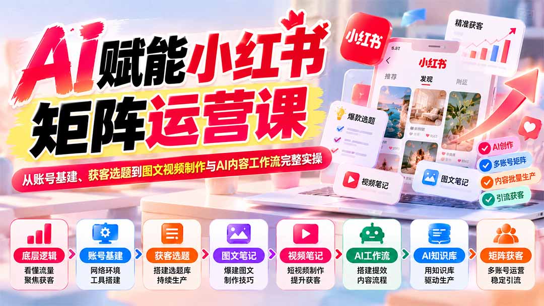 (20822期)AI赋能小红书矩阵运营课:从账号基建、获客选题到图文视频制作与AI内容工作流完整实操-宇文网创