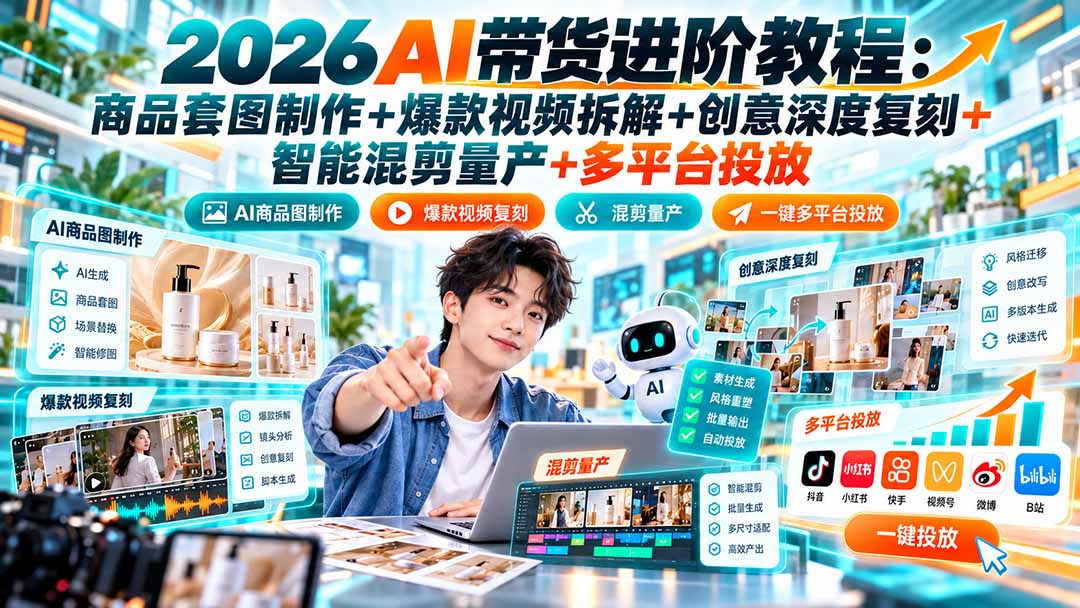 (20857期)2026AI带货进阶教程:商品套图制作+爆款视频拆解+创意深度复刻+智能混剪量产+多平台投放-宇文网创