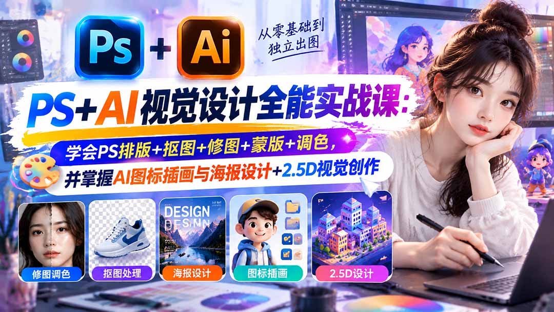 (20749期)【无水印】PS+AI视觉设计全能实战课:学会PS排版+抠图+修图+蒙版+调色,并掌握AI图标插画与海报设计+2.5D视觉创作-宇文网创