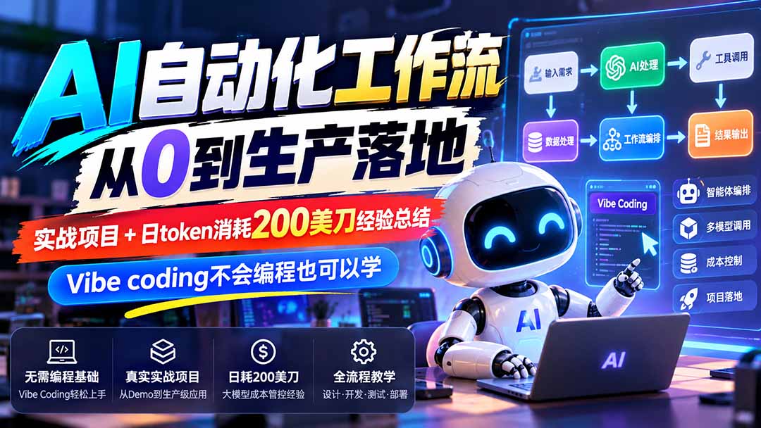 (20954期)【无水印】AI自动化工作流从0到生产落地,实战项目+日token消耗200美刀经验总结,Vibe coding不会编程也可以学-宇文网创