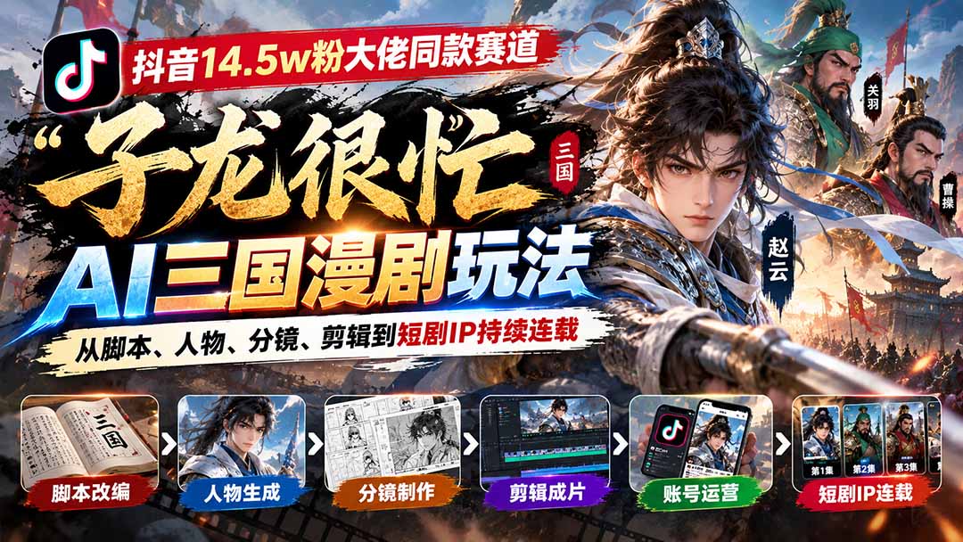 （20818期）抖音14.5w粉大佬同款赛道「子龙很忙」AI三国漫剧玩法：从脚本、人物、分镜、剪辑到短剧IP持续连载-宇文网创