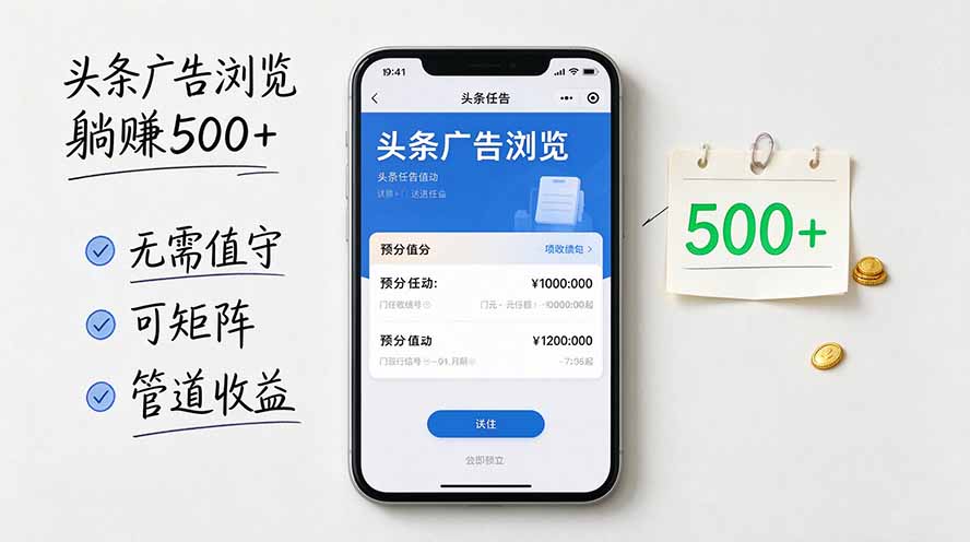 (20835期)头条广告浏览躺赚500+无需值守,可矩阵并附有管道收益-宇文网创