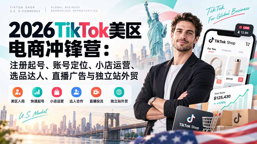(20858期)2026TikTok美区电商冲锋营:注册起号、账号定位、小店运营、选品达人、直播广告与独立站外贸-宇文网创