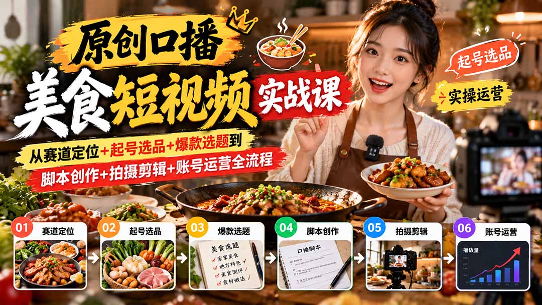 (20786期)原创口播美食短视频实战课:从赛道定位+起号选品+爆款选题到脚本创作+拍摄剪辑+账号运营全流程-宇文网创