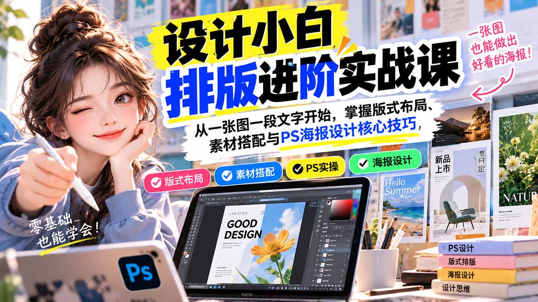 (20838期)设计小白排版进阶实战课:从一张图一段文字开始,掌握版式布局、素材搭配与PS海报设计核心技巧-宇文网创