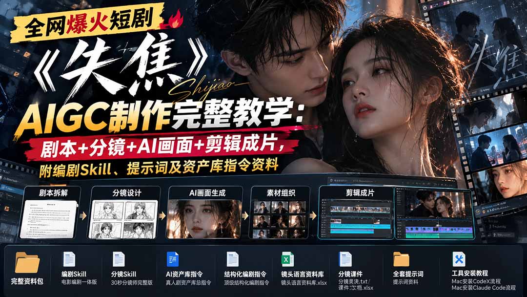 (20805期)全网爆火短剧《失焦》AIGC制作完整教学:剧本+分镜+AI画面+剪辑成片,附编剧Skill、提示词及资产库指令资料-宇文网创