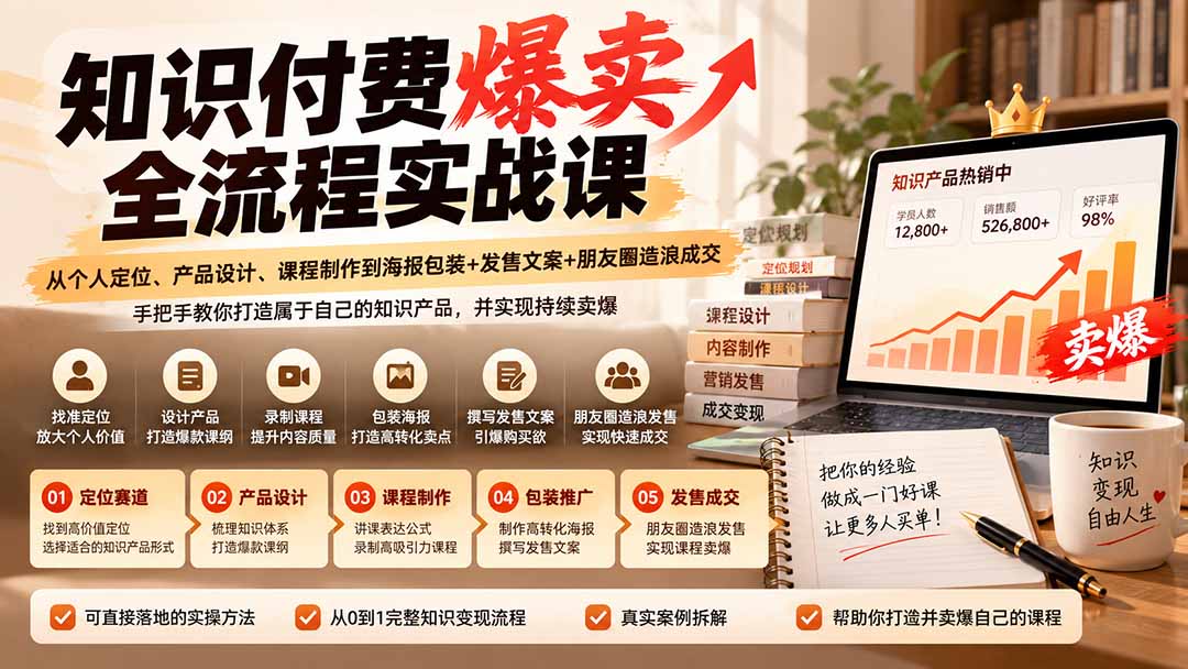 (20787期)【无水印】知识付费爆卖全流程实战课:从个人定位、产品设计、课程制作到海报包装+发售文案+朋友圈造浪成交-宇文网创
