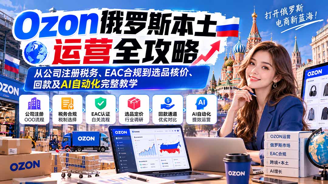(20851期)Ozon俄罗斯本土运营全攻略:从公司注册税务、EAC合规到选品核价、回款及AI自动化完整教学-宇文网创
