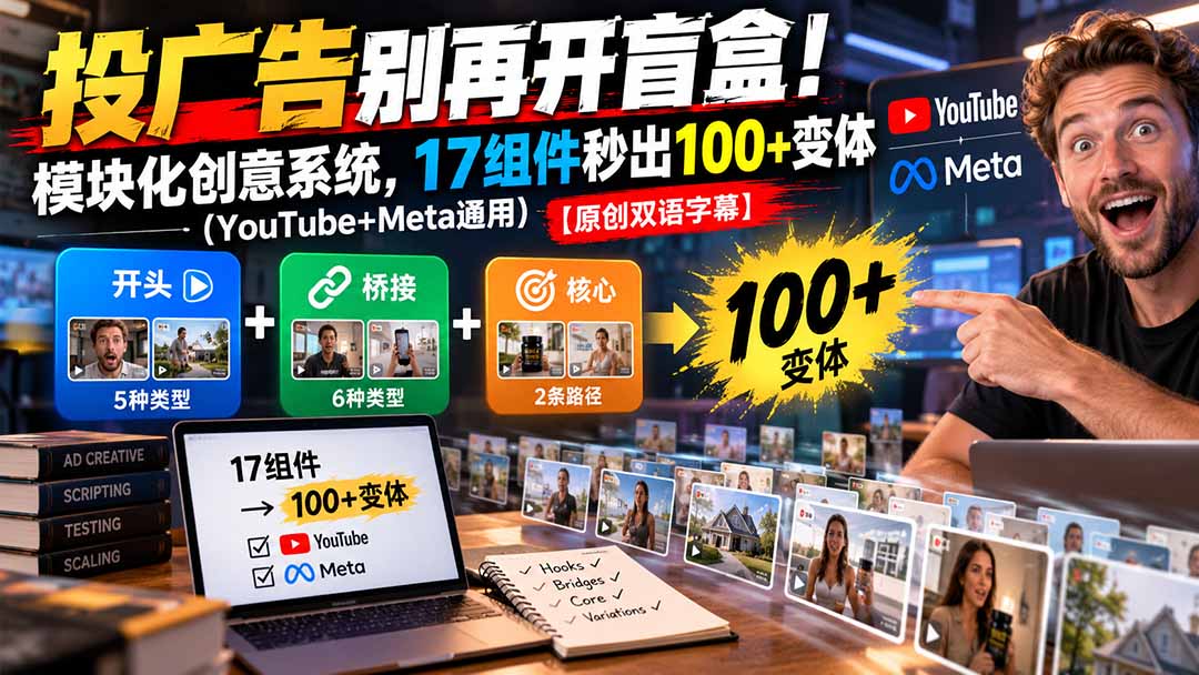 （20840期）投广告别再开盲盒！模块化创意系统，17组件秒出100+变体（YouTube+Meta通用）【原创双语字幕】-宇文网创