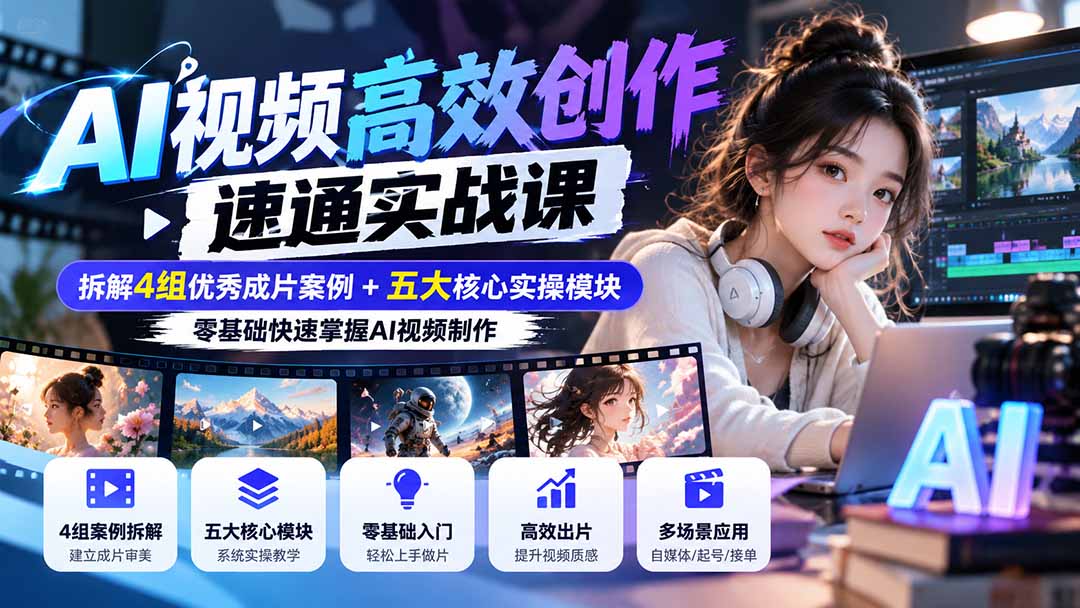 （20819期）【无水印】AI视频高效创作速通实战课：拆解4组优秀成片案例+五大核心实操模块，零基础快速掌握AI视频制作-宇文网创