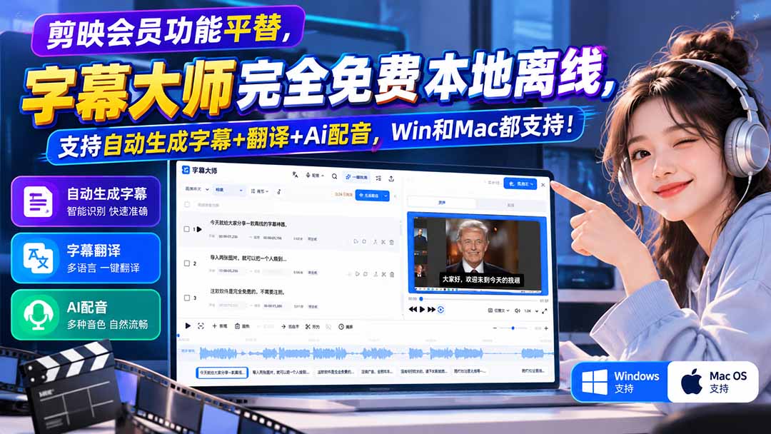 (20902期)剪映会员功能平替,字幕大师完全免费本地离线,支持自动生成字幕+翻译+Ai配音,Win和Mac都支持!-宇文网创