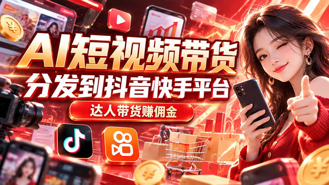 (20754期)【AI短视频带货】分发到抖音快手平台,达人带货赚佣金-宇文网创